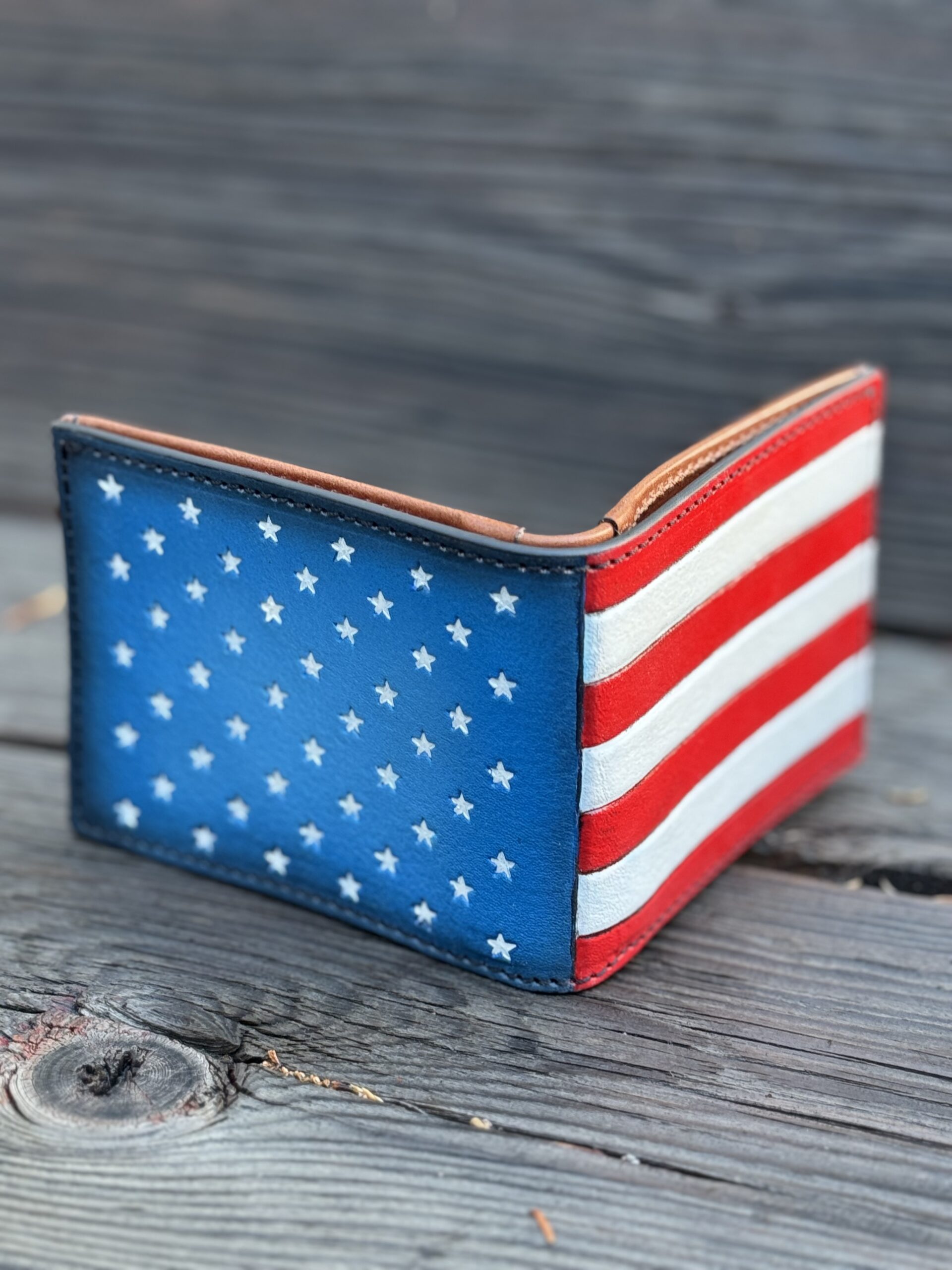 Hand Tooled American Flag Red White And Blue Leather Bifold Wallet