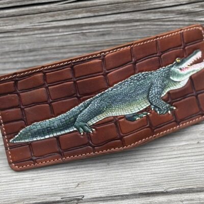 Croc on Croc Wallet. Hand tooled crocodile leather bifold wallet with croc print background
