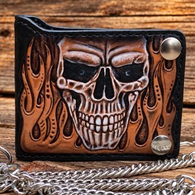 Hand Tooled Skull And Flames Biker Bifold Leather Wallet | Handmade in the USA