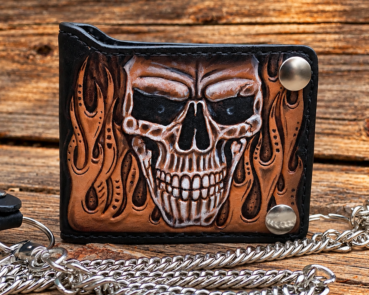 Hand Tooled Skull And Flames Biker Bifold Leather Wallet | Handmade in the USA