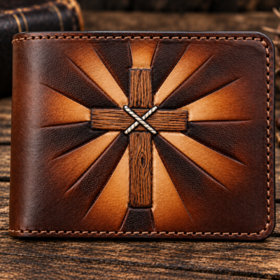 Hand-tooled brown leather bifold wallet featuring a radiant wooden cross with sunburst detailing, handcrafted by Christoph Joseph Leather.