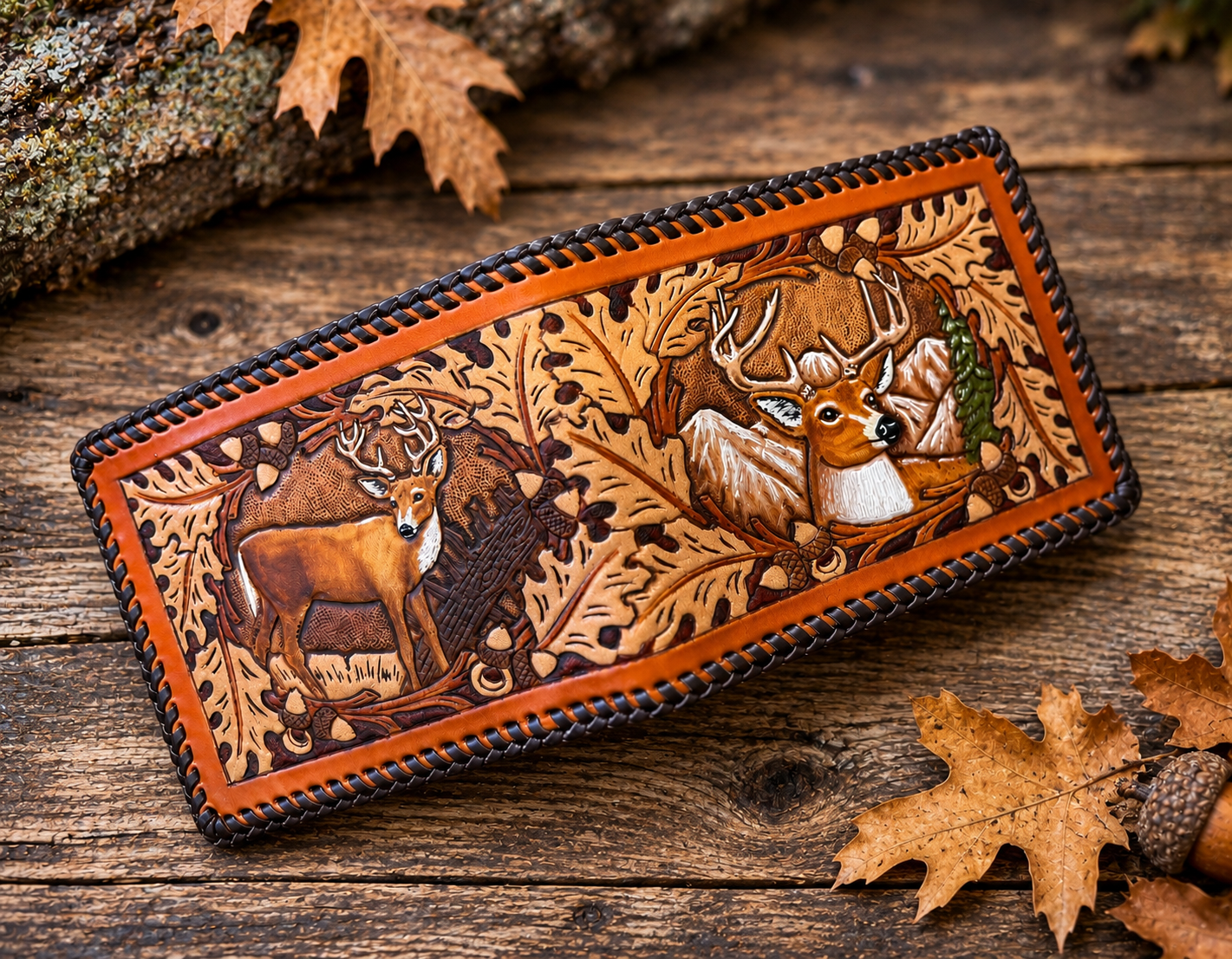 Hand-tooled deer leather wallet featuring two whitetail deer and oak leaf wildlife artwork