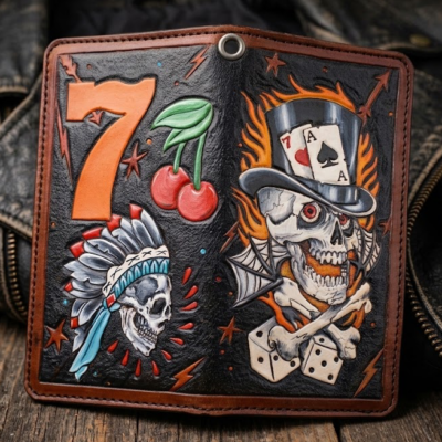 Hand-tooled leather gambler biker wallet featuring a skull, playing cards, cherries, 7, and dice