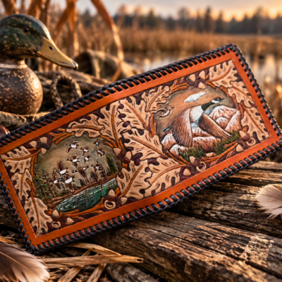 Handmade hand tooled leather geese wallet
