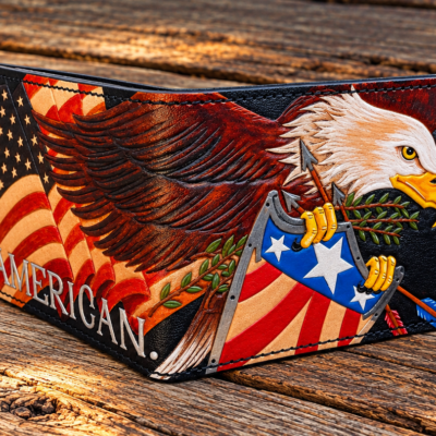 Bald Eagle American Patriotic Leather Hand Tooled Bifold Wallet