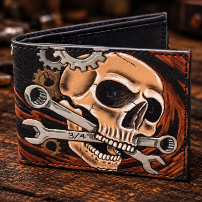 Hand-tooled Gearhead leather bifold wallet with skull, gears and crossed wrenches