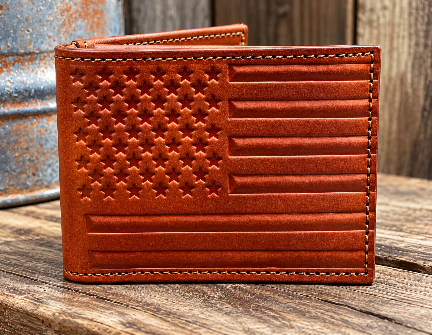 Handmade American Flag Hand Tooled Bifold Leather Wallet