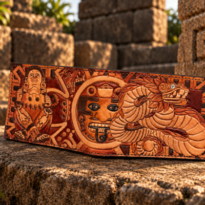 Aztec Themed Men’s Bifold Wallet – Hand-Tooled Quetzalcoatl Design