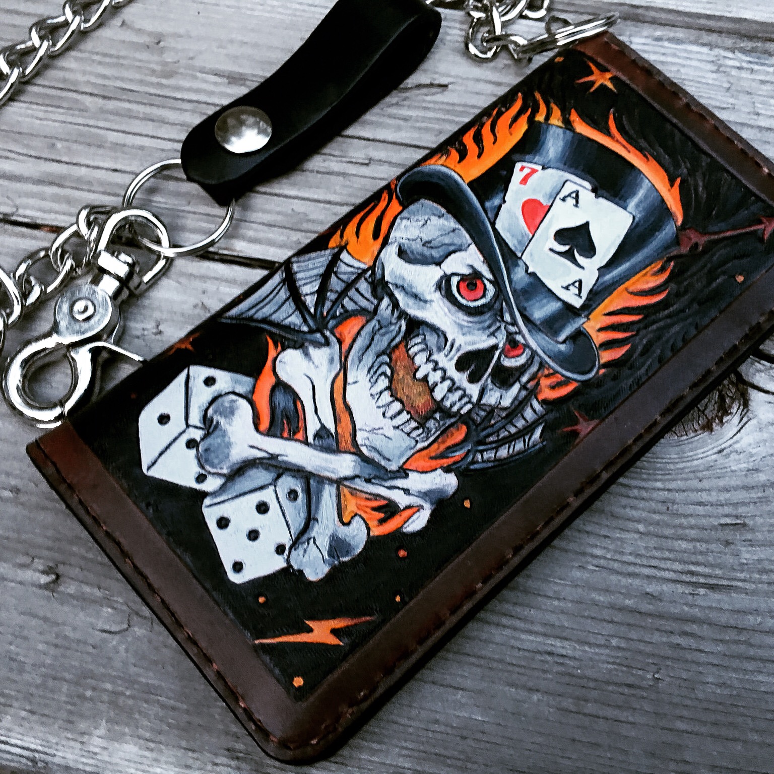 Gambler Hand Tooled Skull, Dice, Cards, Lucky Seven and Indian Warrior chief hand tooled leather biker wallet