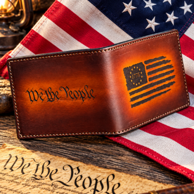 Patriot Pocket engraved leather bifold wallet by Christoph Joseph Leather