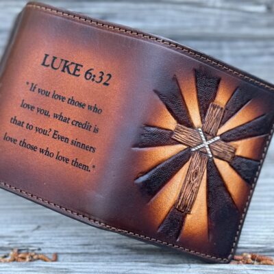 Radiant Cross Trifold wallet with laser engraved bible verse