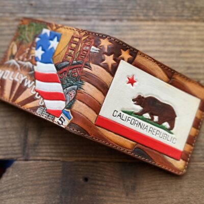 California Pride Bifold Wallet! Premium leather hand-tooled with Golden Gate Bridge, Hollywood Sign, Grizzly Bear Flag & American stars. Perfect patriotic CA gift for locals & West Coast lovers. 🇺🇸🐻