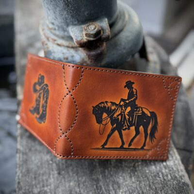 Laser Engraved cowboy wallet with horse and cowboy boots