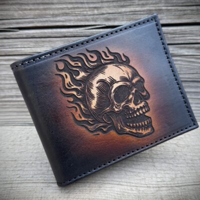 skull and flames laser engraved leather bifold wallet