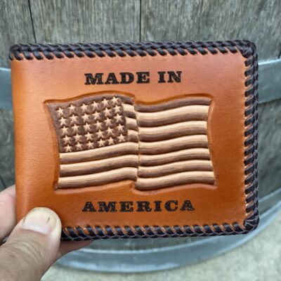Made In America American Flag Hand Tooled and engraved laced leather bifold wallet