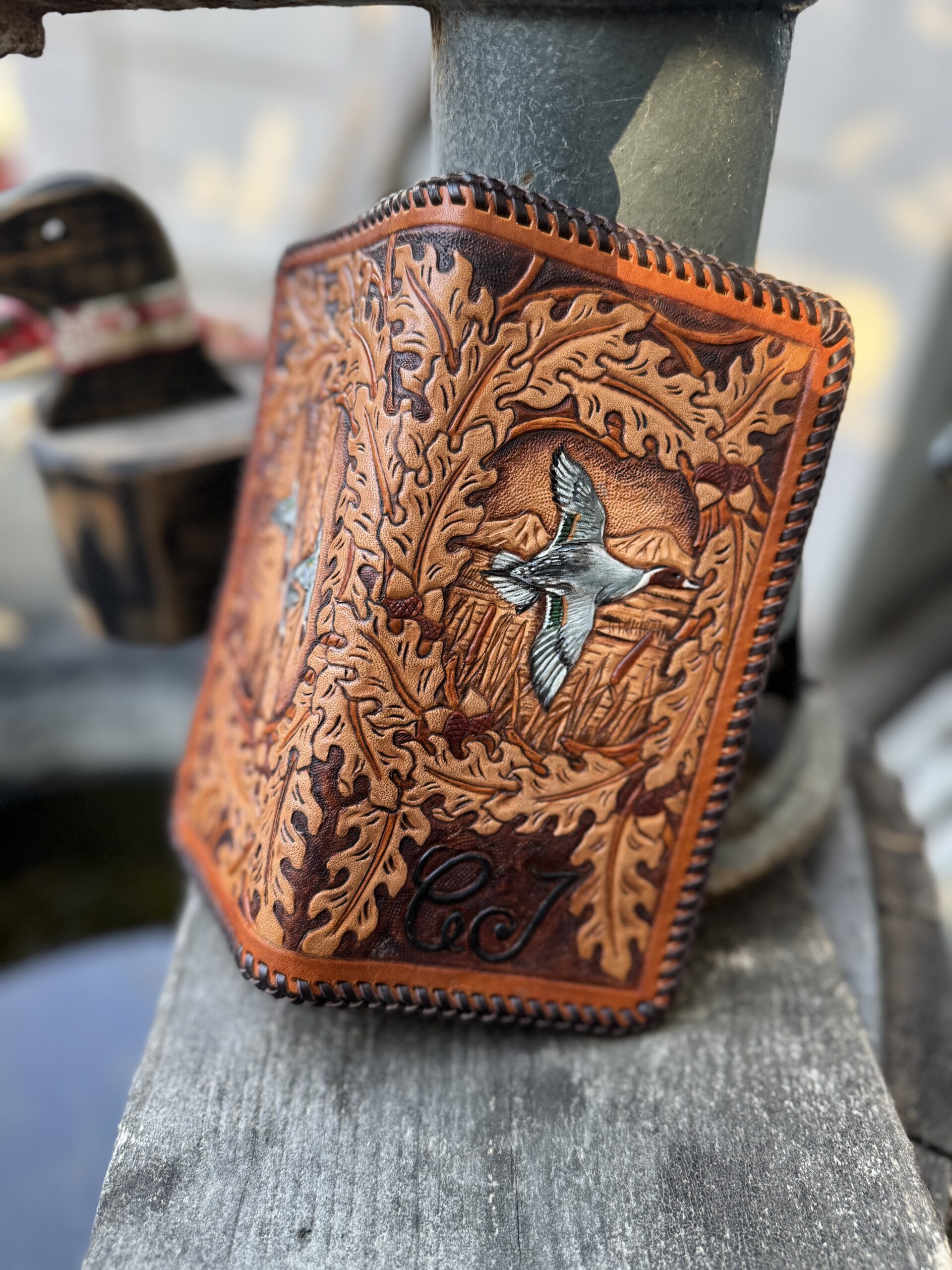 Pintail duck long wallet - laced and hand tooled