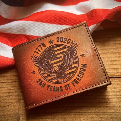 Celebrate 250 Years of Freedom! Premium leather bifold wallet laser engraved with a powerful American eagle & flag design. 1776-2026 commemorative edition. Patriotic gift for veterans & proud Americans. 🇺🇸