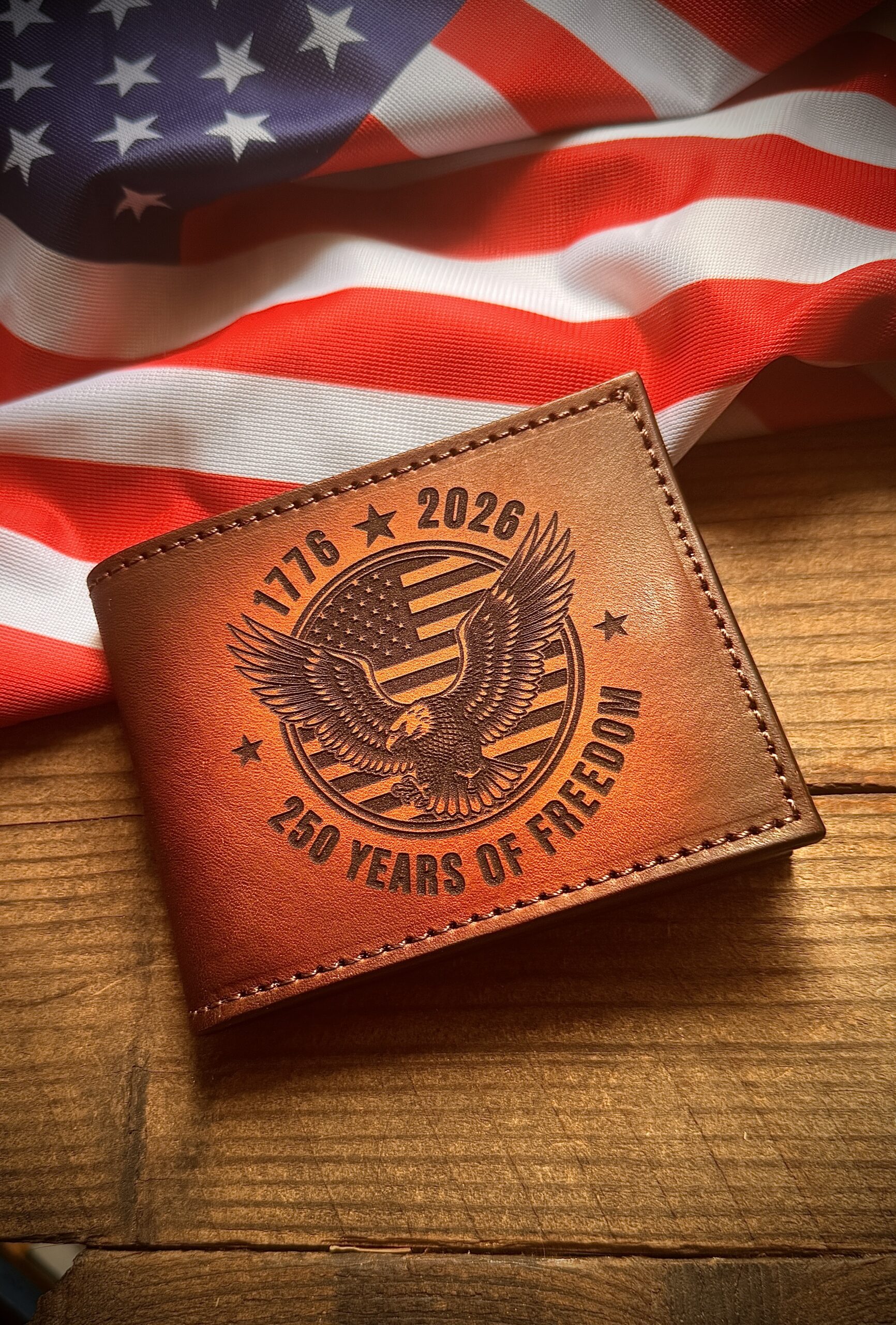 Celebrate 250 Years of Freedom! Premium leather bifold wallet laser engraved with a powerful American eagle & flag design. 1776-2026 commemorative edition. Patriotic gift for veterans & proud Americans. 🇺🇸
