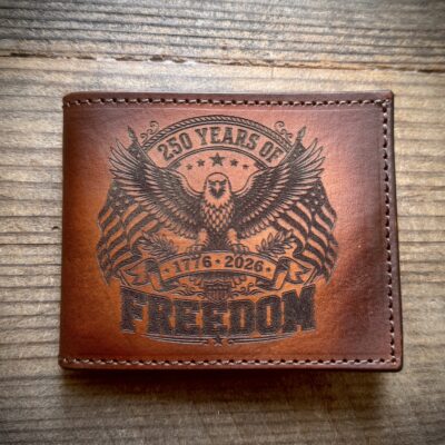 Bold 250 Years of Freedom bifold wallet! Premium leather laser engraved with majestic eagle, American flags, and “1776-2026” banner. Patriotic gift for veterans & proud Americans. 🇺🇸