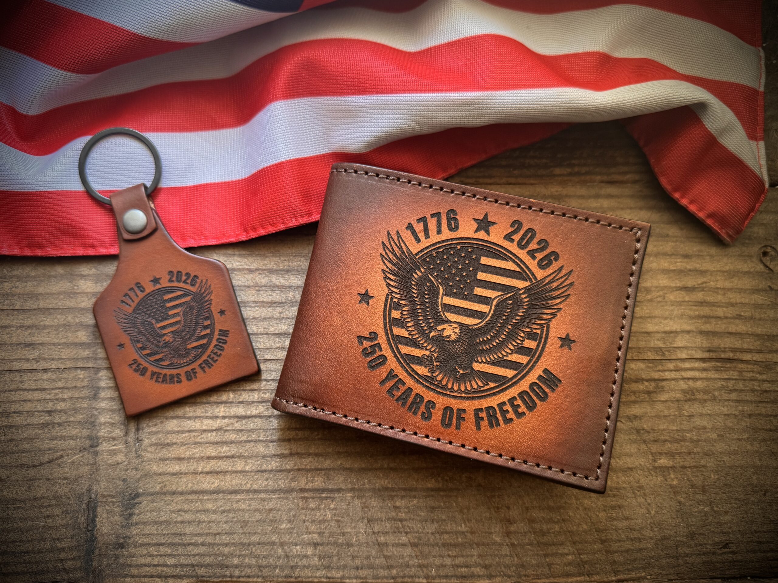 Celebrate 250 Years of Freedom! Premium leather bifold wallet laser engraved with a powerful American eagle & flag design. 1776-2026 commemorative edition. Patriotic gift for veterans & proud Americans. 🇺🇸
