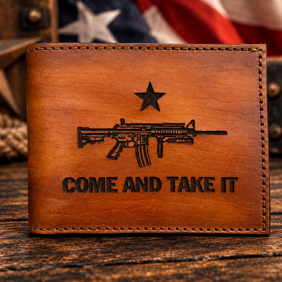 Handmade Texas patriotic leather bifold wallet featuring the Come and Take It design.