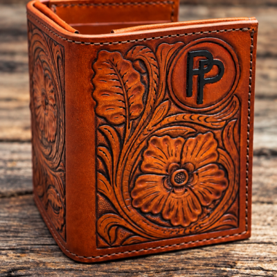 Hand-tooled western floral trifold leather wallet with personalized branding - tan color