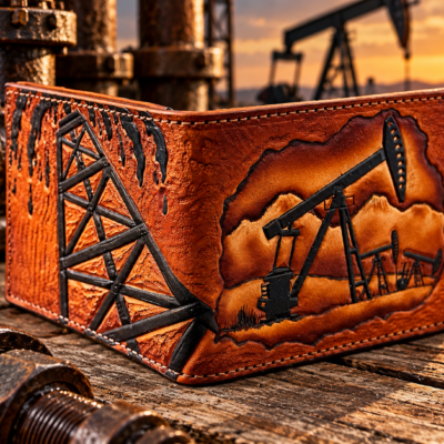 “Custom hand-tooled leather oil rig wallet with pumpjack & oil derrick design. Rugged bifold billfold for oilfield workers. Premium handcrafted oilfield gift. Shop now!”