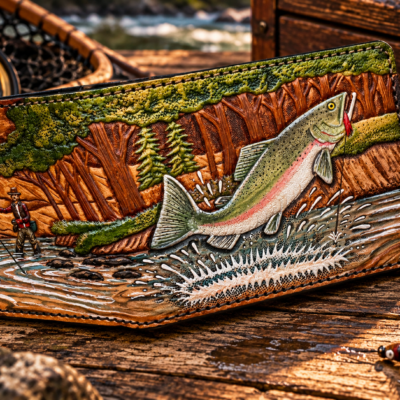 leather Bifold wallet with a hand tooled trout fishing design