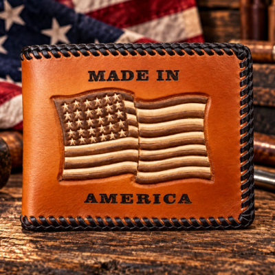Made In America American Flag Hand Tooled and engraved laced leather bifold wallet