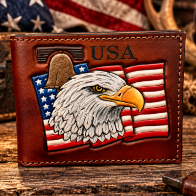 “Handcrafted patriotic American Eagle bifold wallet in premium full-grain leather. Features a detailed bald eagle, USA flag, and Liberty Bell design with ‘USA’ stamp. Perfect gift for veterans, patriots & leather lovers