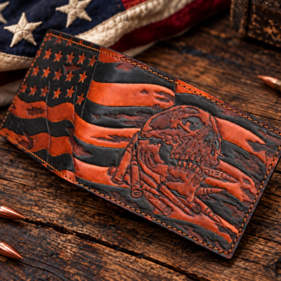 Hand-tooled leather bifold wallet featuring an American flag, skull, and bullet artwork