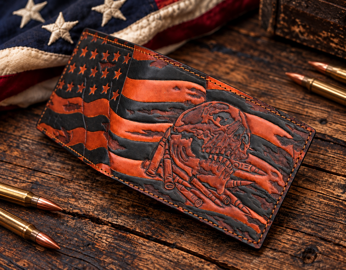 Hand-tooled leather bifold wallet featuring an American flag, skull, and bullet artwork