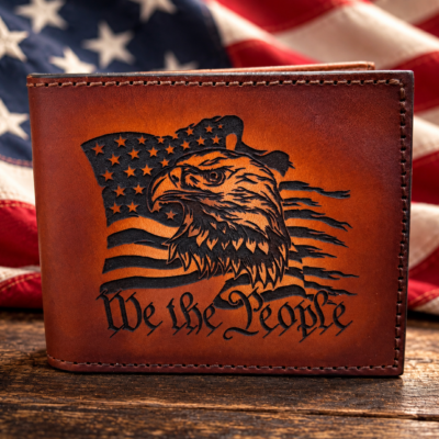 Laser Engraved Eagle flag and we the people engraved leather bifold wallet