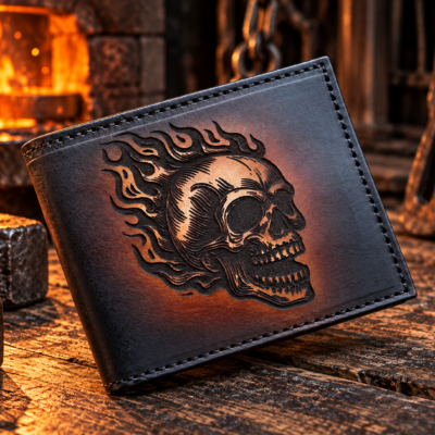 skull and flames laser engraved leather bifold wallet