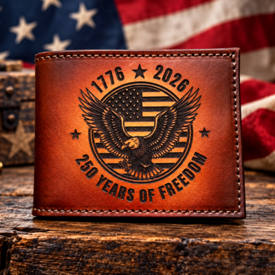 Celebrate 250 Years of Freedom! Premium leather bifold wallet laser engraved with a powerful American eagle & flag design. 1776-2026 commemorative edition. Patriotic gift for veterans & proud Americans. 🇺🇸