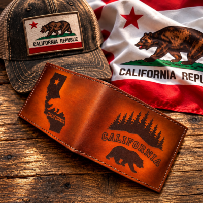 Handcrafted California bifold leather wallet featuring engraved grizzly bears, pine trees, and state outline. Premium full-grain leather with rich patina. Perfect everyday carry for Golden State pride. 🇺🇸🐻