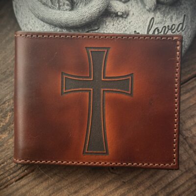 Iron Cross and St Michael the Archangel on Engraved leather Bifold wallet