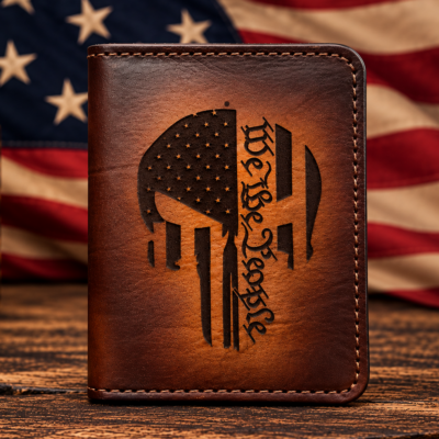 Patriotic engraved leather card holder with skull American flag and We the People design