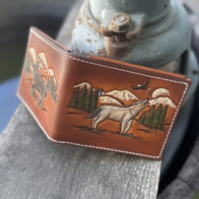 Wolf and Moose wilderness scene hand tooled bifold wallet