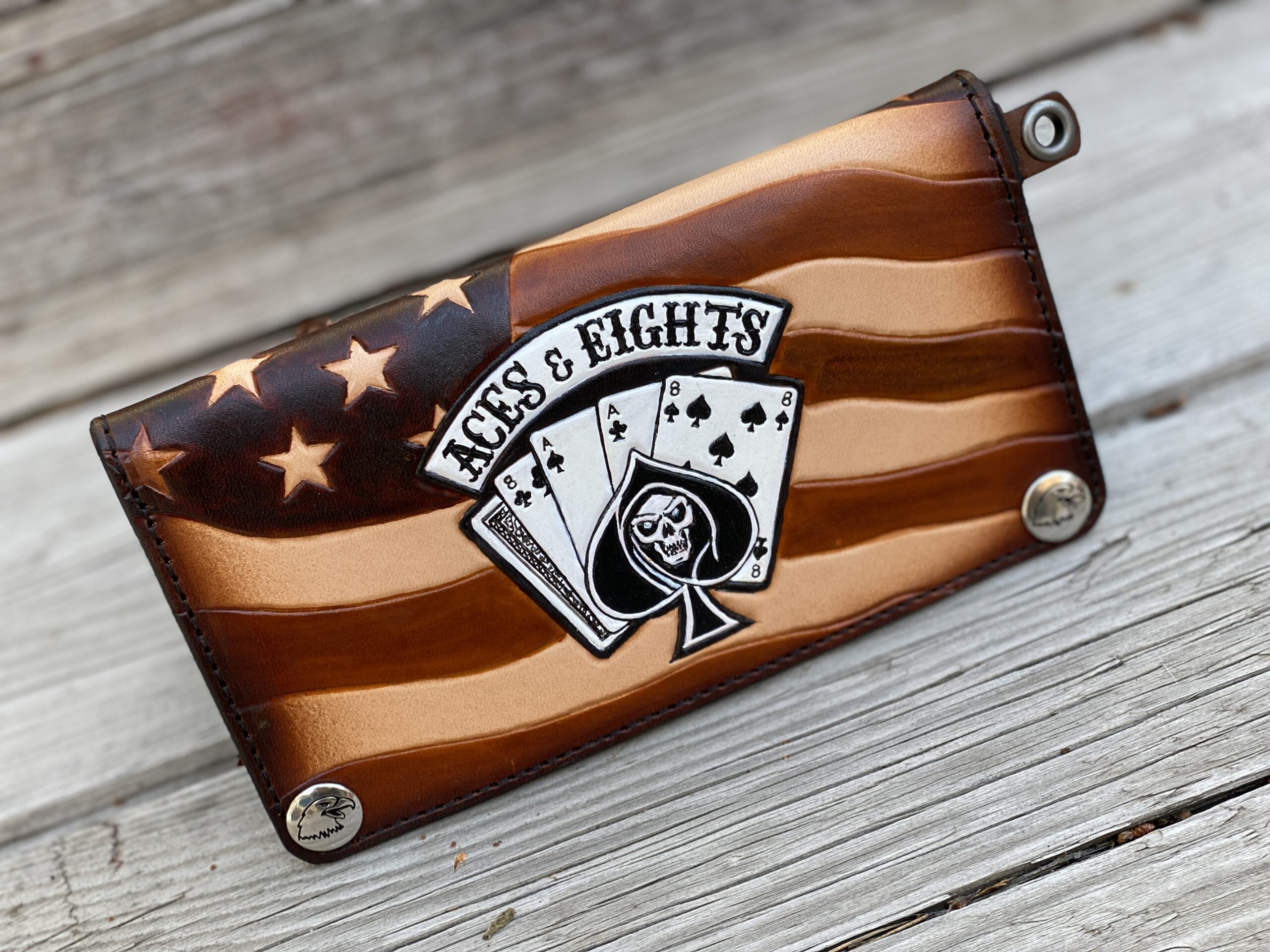 Aces & Eights - Outlaw Biker Wallet - Premium Hand Tooled Leather Long Wallet - Image 2