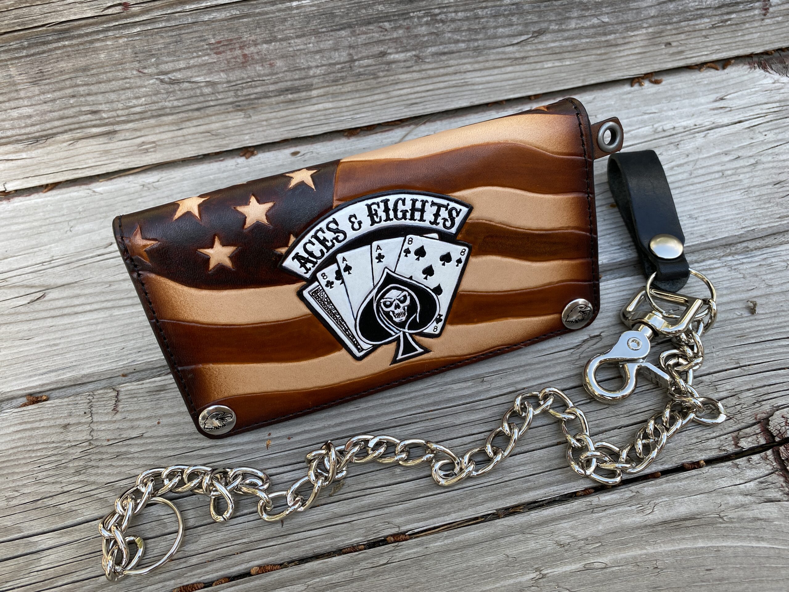 Aces & Eights - Outlaw Biker Wallet - Premium Hand Tooled Leather Long Wallet - Image 3