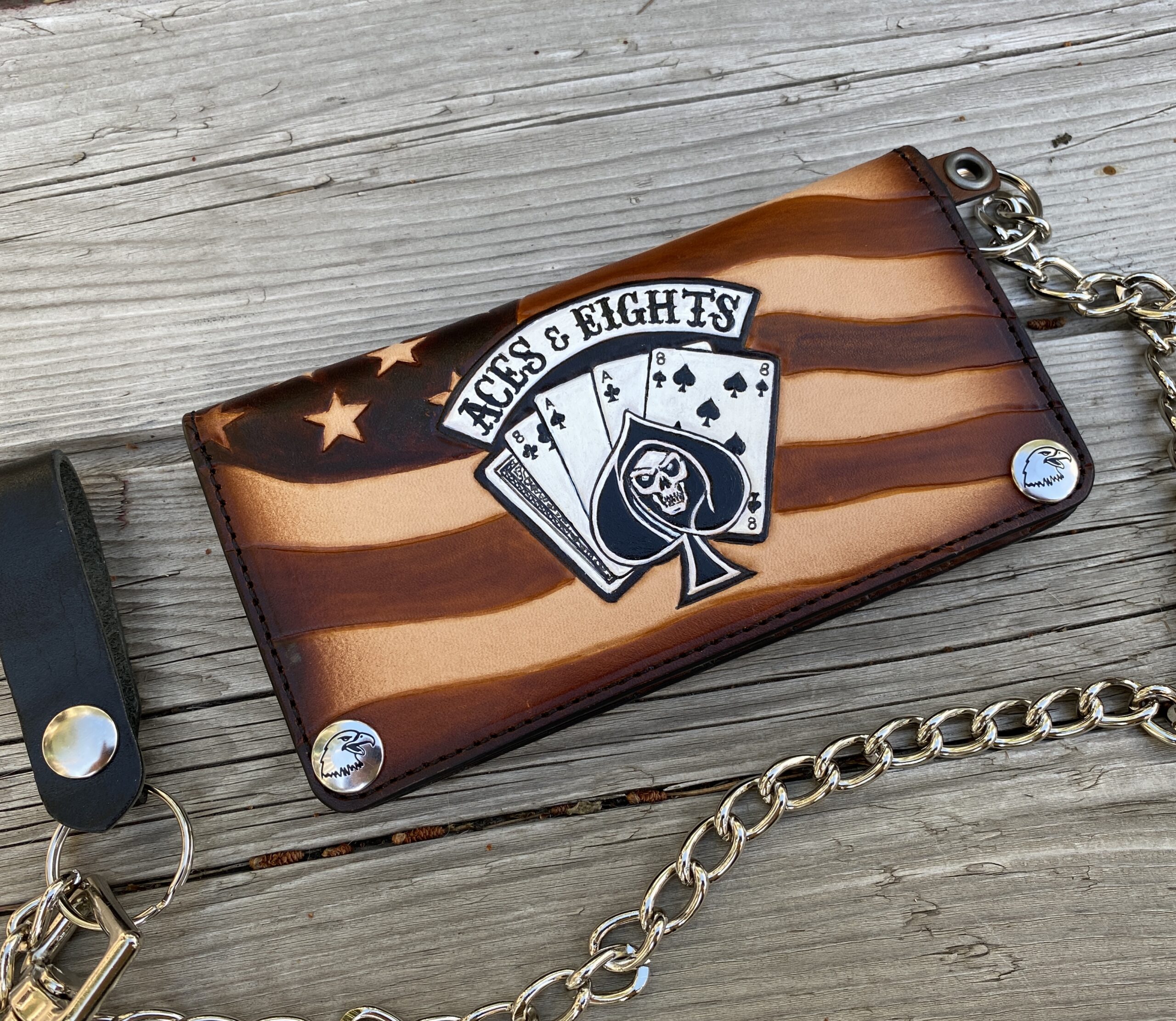 Aces & Eights - Outlaw Biker Wallet - Premium Hand Tooled Leather Long Wallet - Image 4