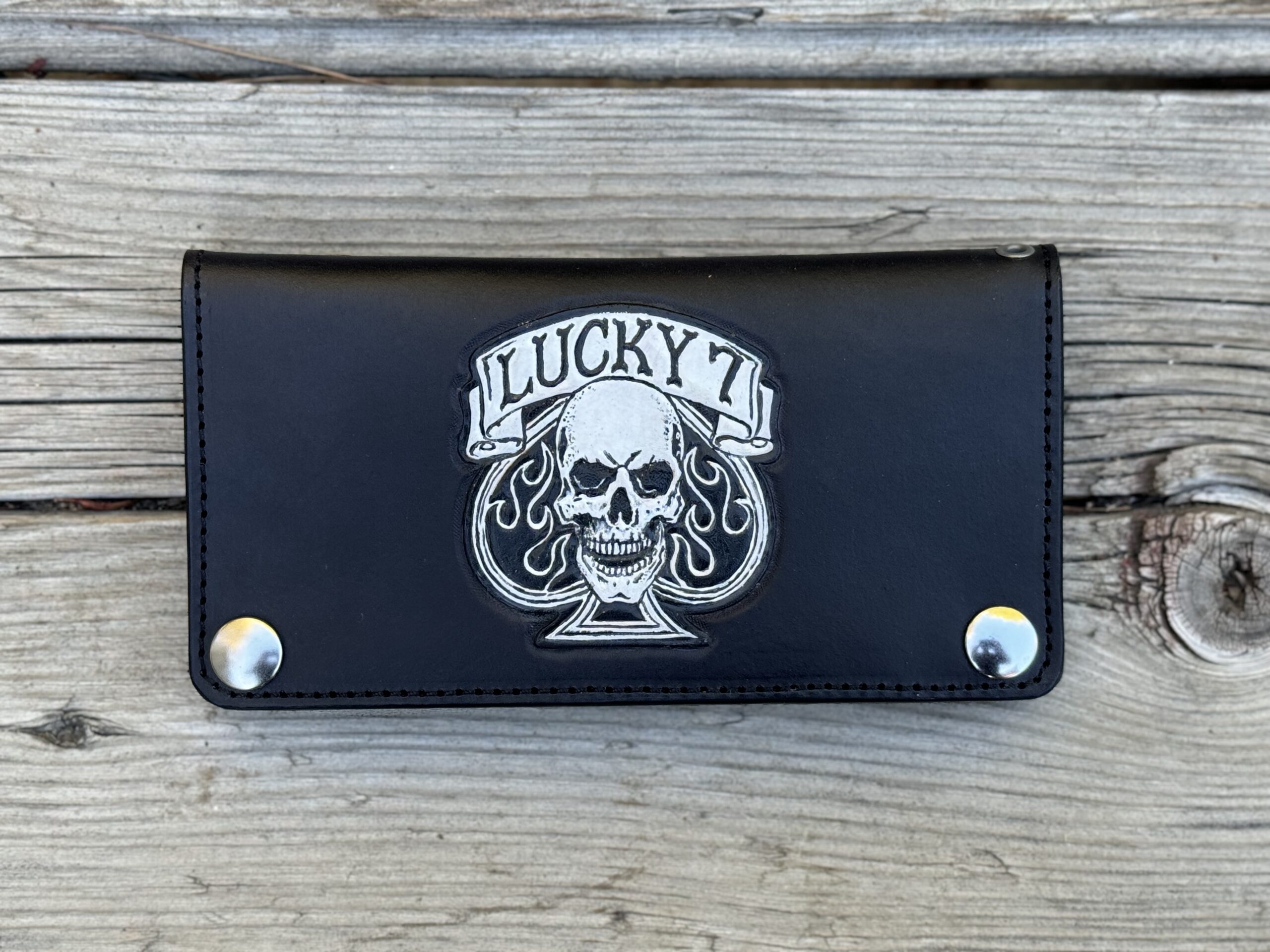 Lucky 7 -Ace of Spades with Skull Biker Wallet - Black Hand Tooled Leather - Image 2