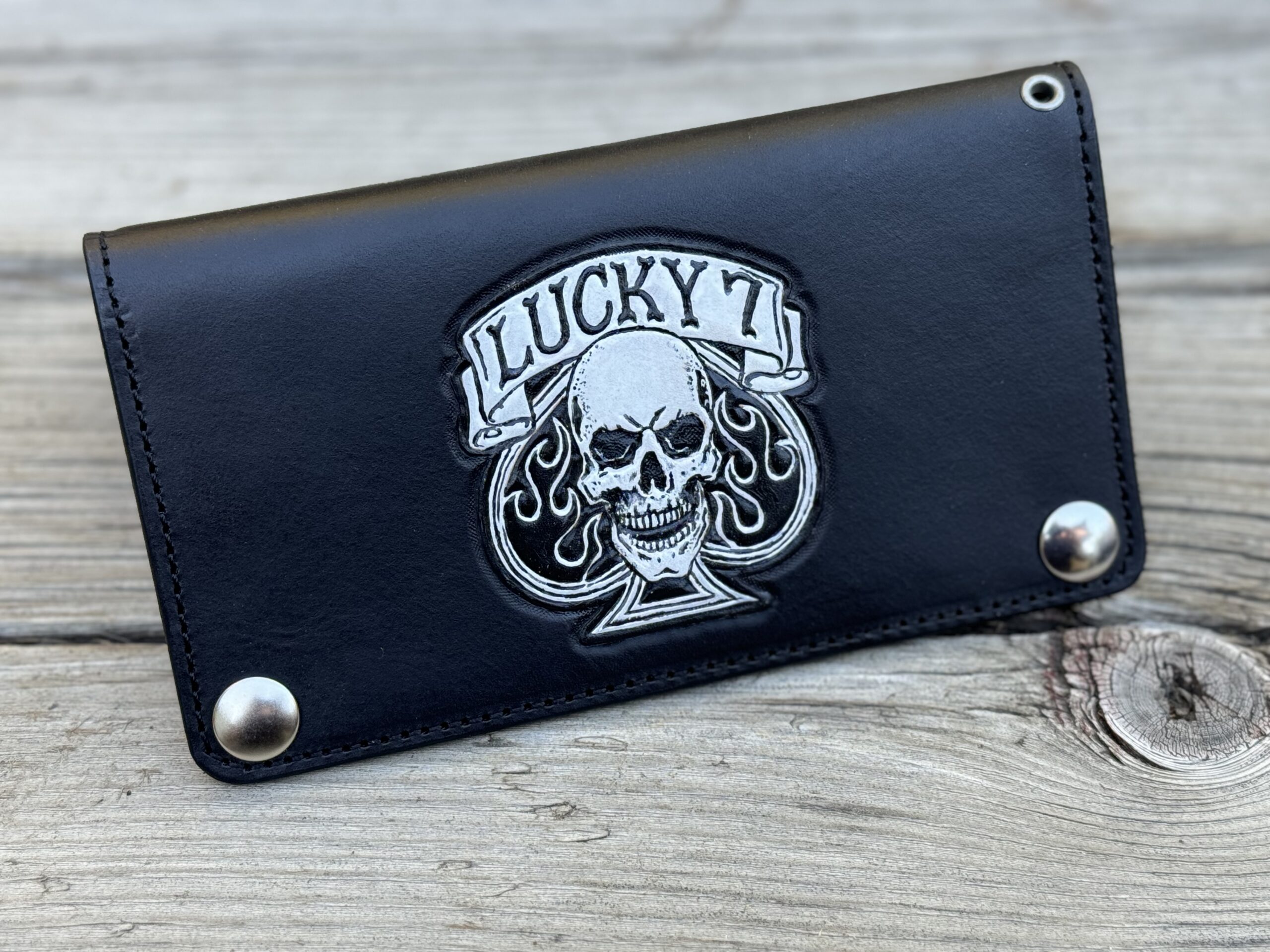 Lucky 7 -Ace of Spades with Skull Biker Wallet - Black Hand Tooled Leather - Image 3