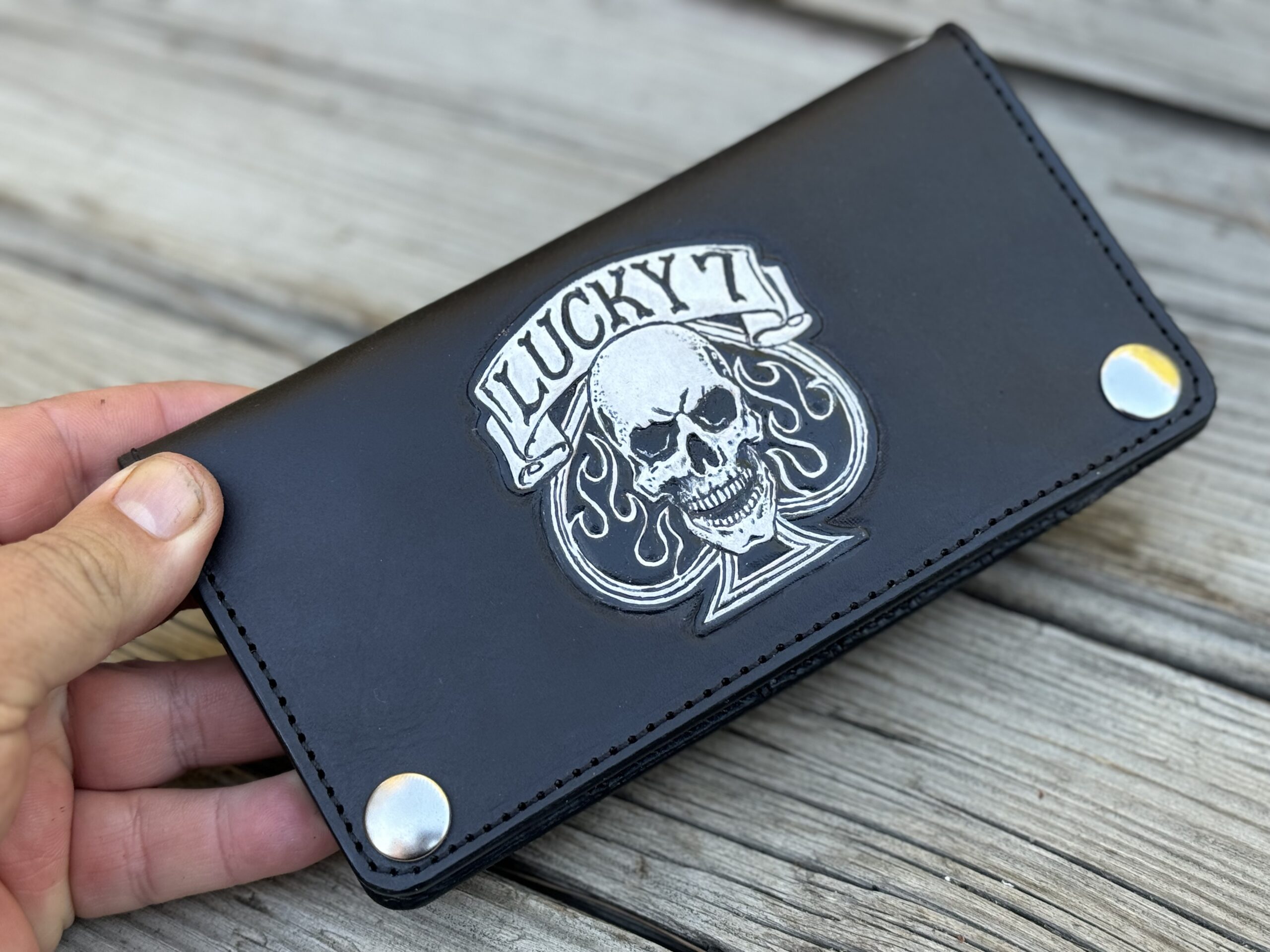 Lucky 7 -Ace of Spades with Skull Biker Wallet - Black Hand Tooled Leather - Image 5