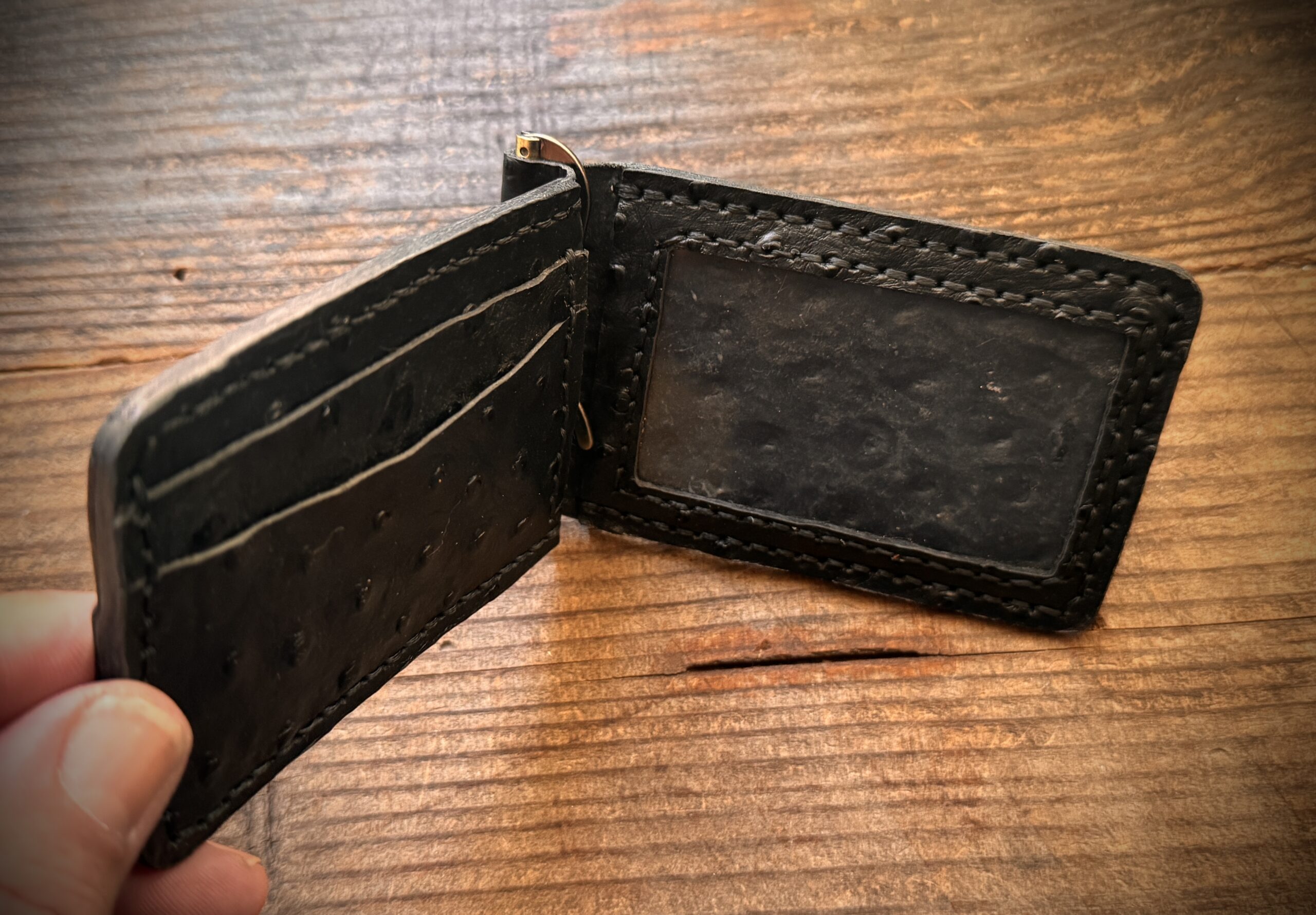Handcrafted Ostrich Leather Money Clip Wallet – Slim Black Minimalist Front Pocket Design - Image 5