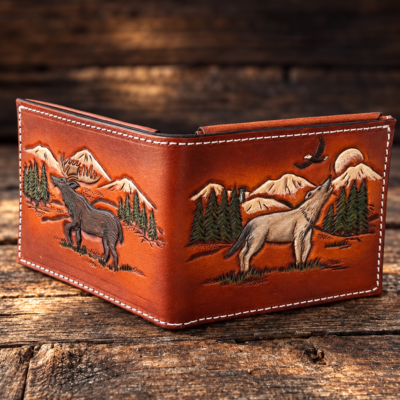 Wolf and Moose wilderness scene hand tooled bifold wallet