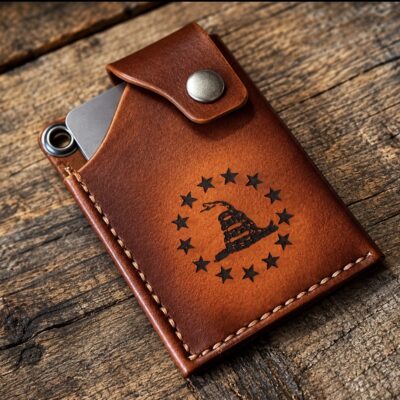 Minimalist laser engraved leather credit card holder with don't tread on me snake and Betsy Ross stars