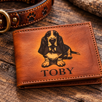 Personalized dog portrait leather bifold wallet with custom engraved dog name