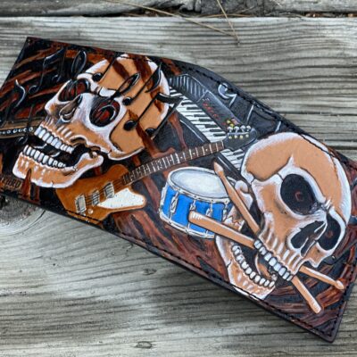 Music Instrument Themed Hand Tooled Skull Wallet / Drum / Guitar / Keyboard Bifold